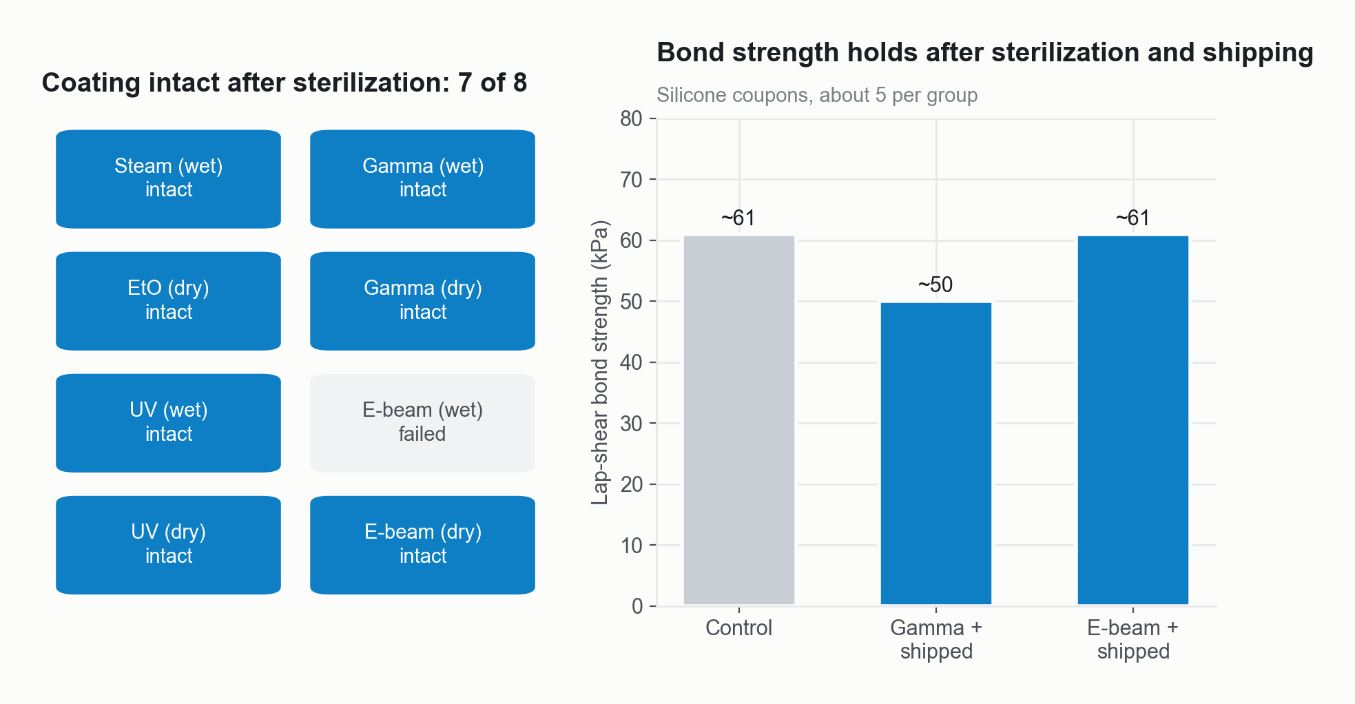 Two panels. Left: the coating was intact after seven of eight sterilization cycles: steam wet, gamma wet, EtO dry, gamma dry, UV wet, UV dry and e-beam dry were intact, and e-beam wet failed. Right: lap-shear bond strength on silicone coupons, about 5 per group, was about 61 kPa for the control, about 50 kPa after gamma plus shipping and about 61 kPa after e-beam plus shipping.