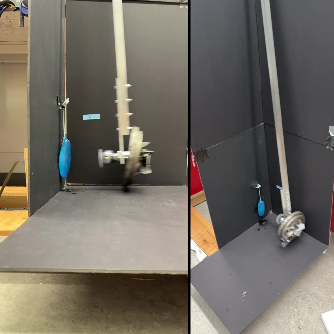 Two synchronized views of a weighted pendulum striking a blue-coated tissue expander mounted on a backboard. The close-up is on the left and the wide view on the right.